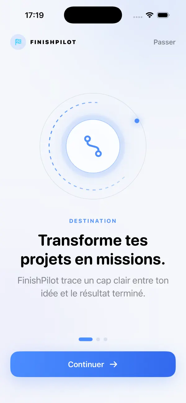 Écran d’introduction de FinishPilot